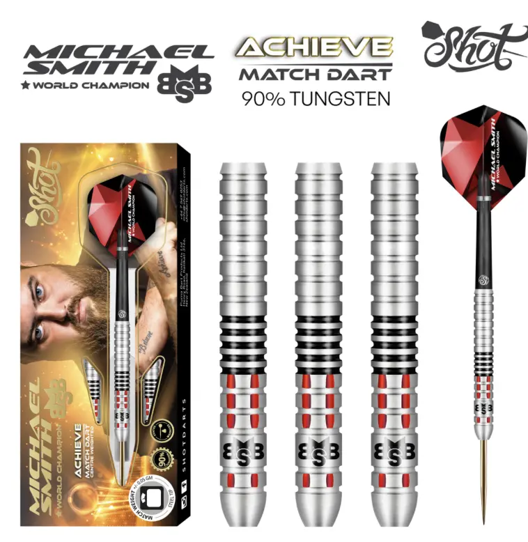 Michael-Smith-Achieve-Dart michael smith achieve dart set showing three barrels and one full length dart with a red fly silver body and golden tip
