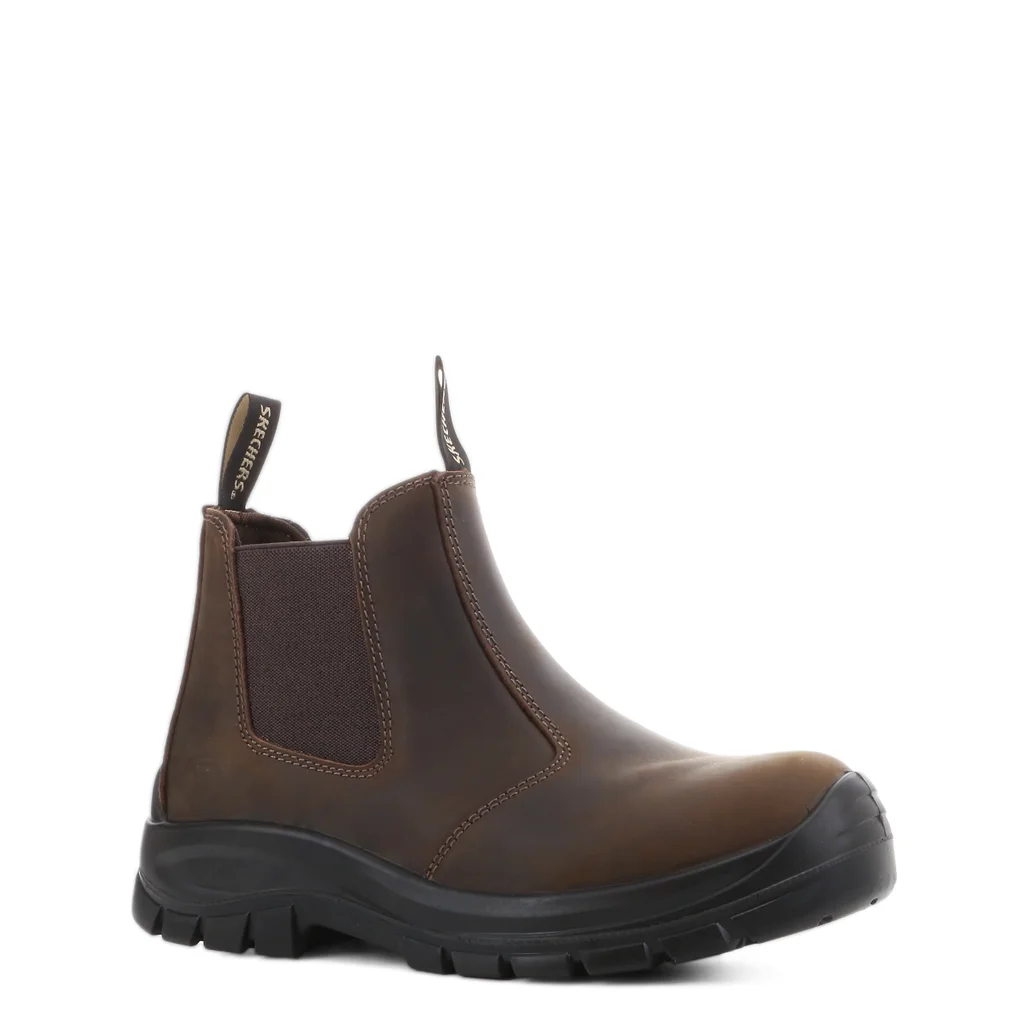 SKX-Work-Chelsea-Boot-Dark-Brown-1.webp Angled view of Skechers SKX Work Chelsea Boot in Dark Brown emphasizing overall design and color