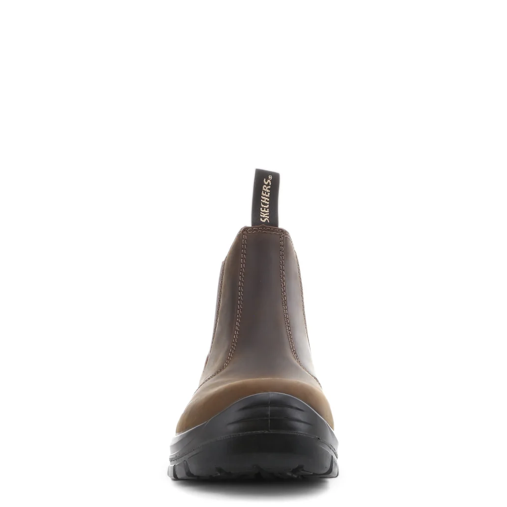 SKX-Work-Chelsea-Boot-Dark-Brown-3.webp Front view of Skechers SKX Work Chelsea Boot in Dark Brown showing slim efficient design and logo tag