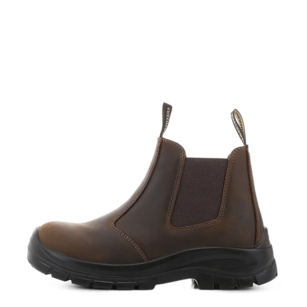 SKX-Work-Chelsea-Boot-Dark-Brown-4.webp back Side view of Skechers SKX Work Chelsea Boot in Dark Brown highlighting the contour and sole design of the outside