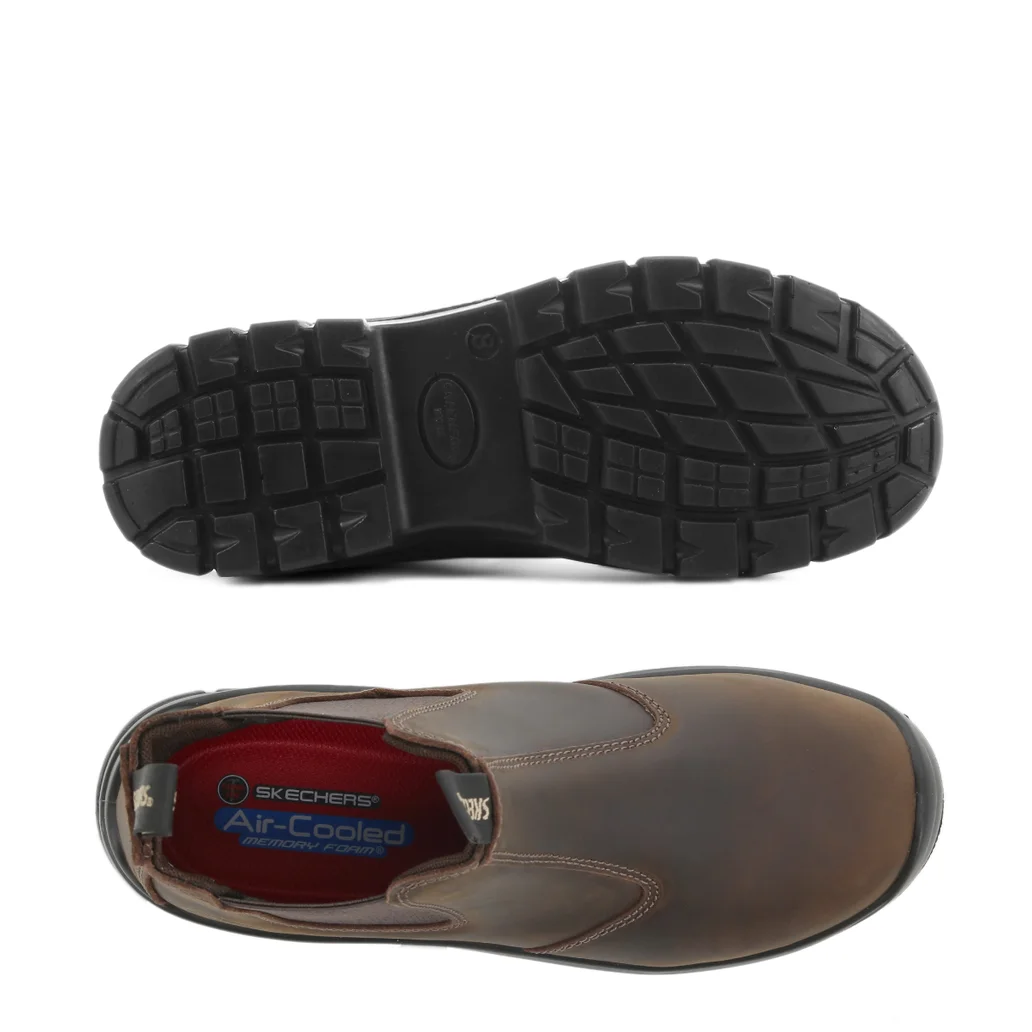 SKX-Work-Chelsea-Boot-Dark-Brown-6.webp Top view of Skechers SKX Work Chelsea Boot in Dark Brown displaying the air cooled insole and sleek front