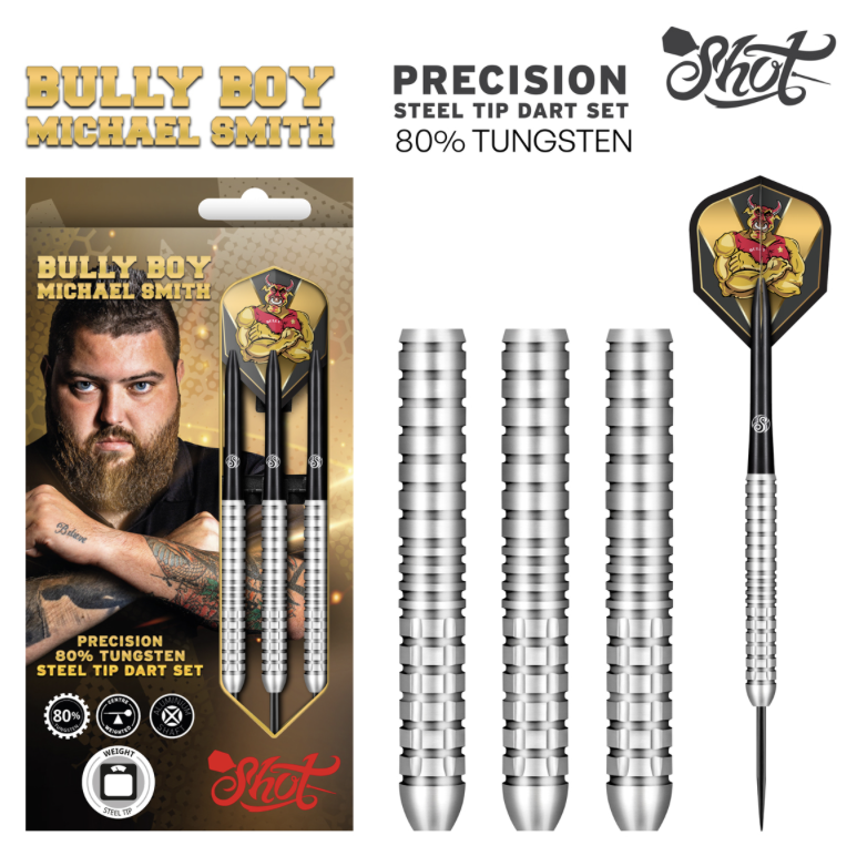 Shot-Bully-Boy-Michael-Smith-Precision-Steel-Tip-Dart-Set dart set packaging next to three defiant precision barrels alongside a precision dart