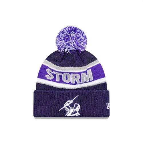 NRL-Storm-New-Era-Pom-Pom-Beanie-Front-View.webp Storm New Era Pom Pom Beanie Front View