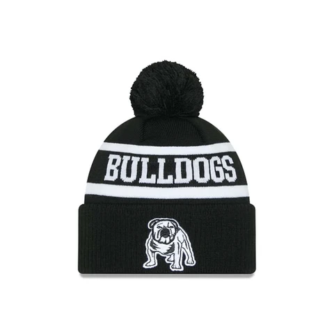 CanterburyBulldogs2025BlackWhiteBeanie-jpg.webp NRL Bulldogs Black and White Pom Pom Beanie Front View
