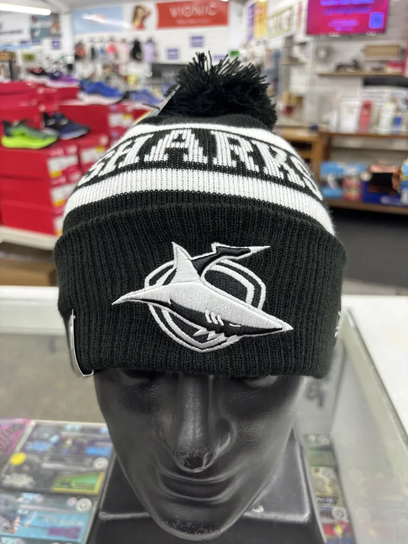 Sharks-Beanie-Black-White-Front.webp Sharks Beanie Black White Front