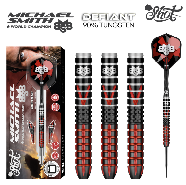 Michael-Smith-Defiant-Dart-Set dart set packaging next to three defiant dart barrels alongside a defiant dart
