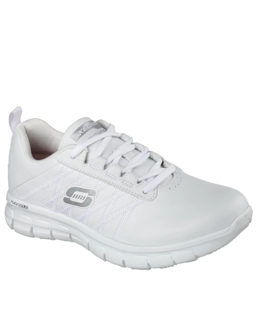 Sure-Track-Erath-White-1.webp Front view of Sure Track Erath White, a slip-resistant Skechers shoe with laces and logo